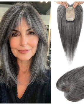 Real Human Hair Topper 10 Inch With Bangs DARK GRAY Clip In Hair Piece NEW